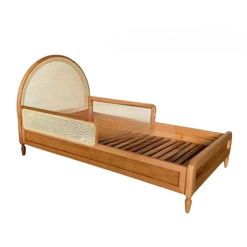 

French antique solid wood single bed retro natural rattan bed with guardrail bedroom bed