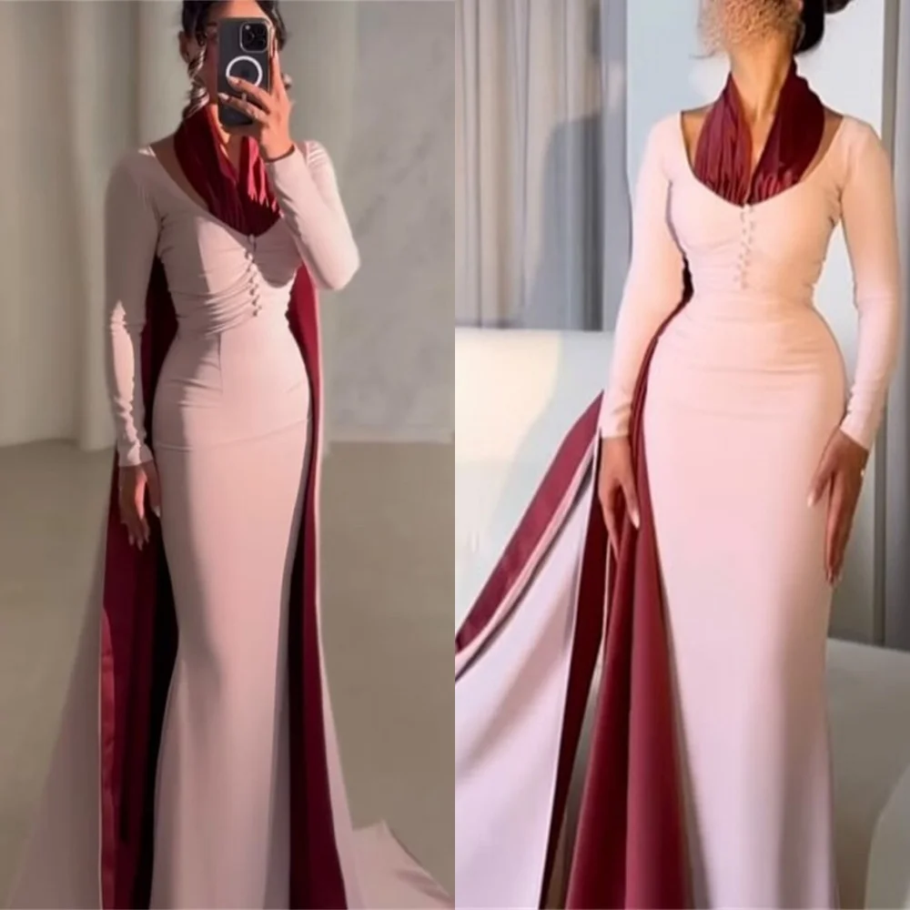 Aangepaste temperament roze jersey avondjurk prachtige halter lange mouwen zeemeermin contrastkleur op maat gemaakte gelegenheid