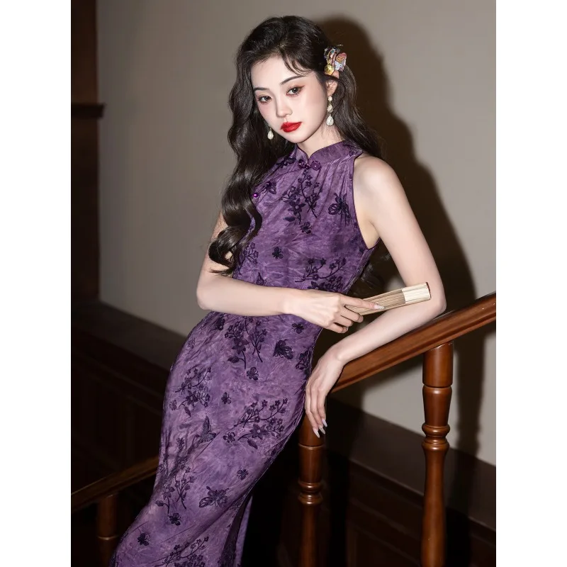 

New Chinese style summer high-end temperament daily purple cheongsam high elastic light and beautiful dress