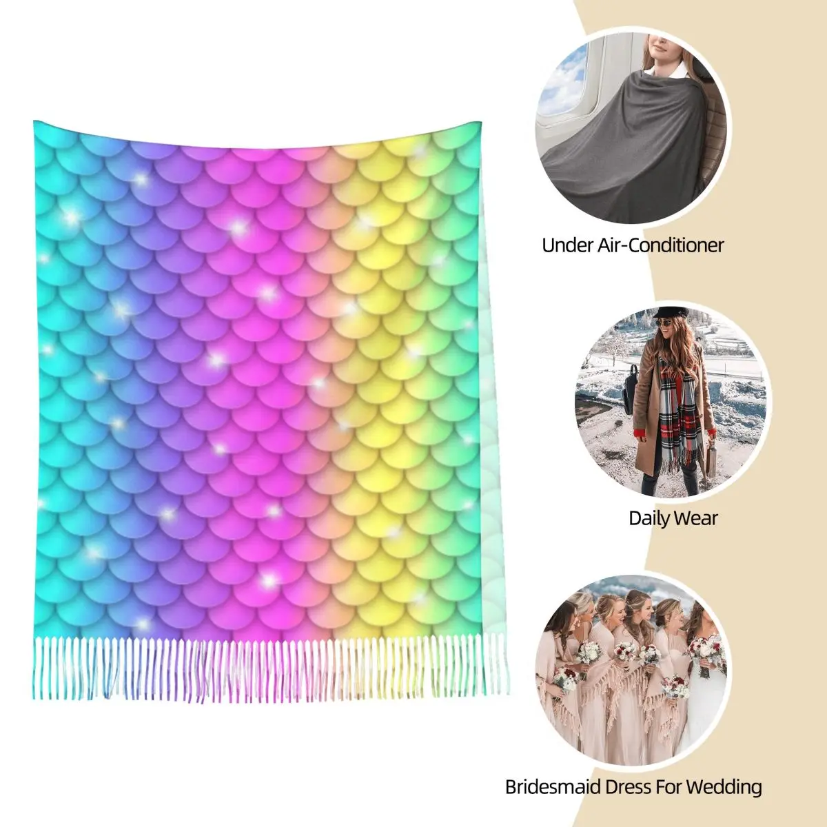 Sparkling Rainbow Scales Mermaid Shawl Wrap Women Winter Warm Large Soft Scarf Neckerchief Shawl Scarves