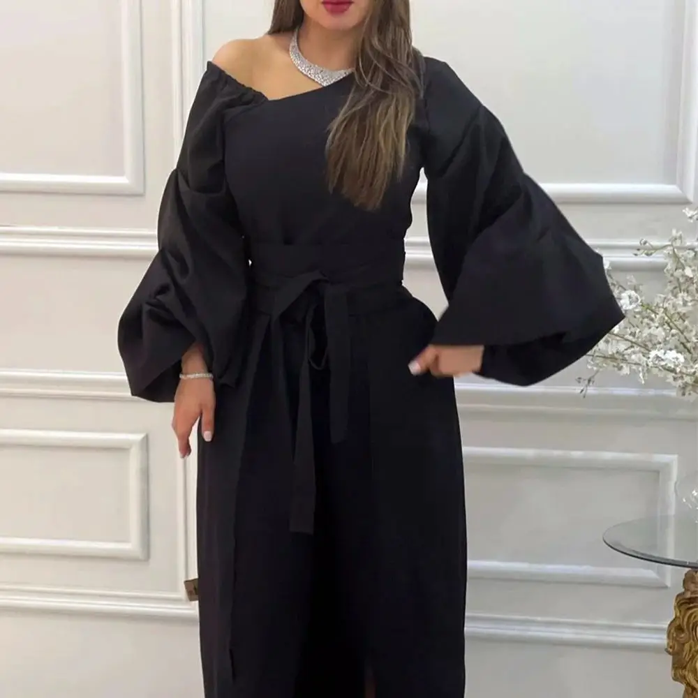 Abiti da sera musulmani lunghi vintage in raso nero con tasche Scollo a V A-Line con cintura alla caviglia Robe De Soiree per le donne