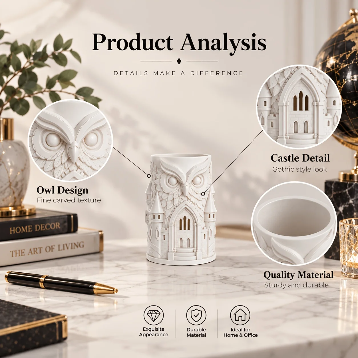 Vintage Owl Castle Embossed Storage Tube Creative Desktop Ornament, Black and White Two-Tone Three-Dimensional Carving Design, Can Be Used as a Pen Holder, Makeup Brush Organizer, Office Stationery Organizer, and Home