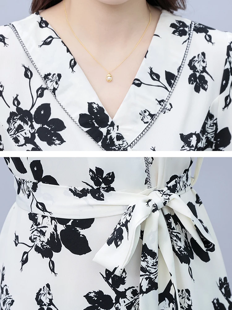 2024 New White Floral Short Sleeve V-Neck Midi Dress Summer Black Elegant Casual Home Dresses Women Korean Fashion Bodycon Robe