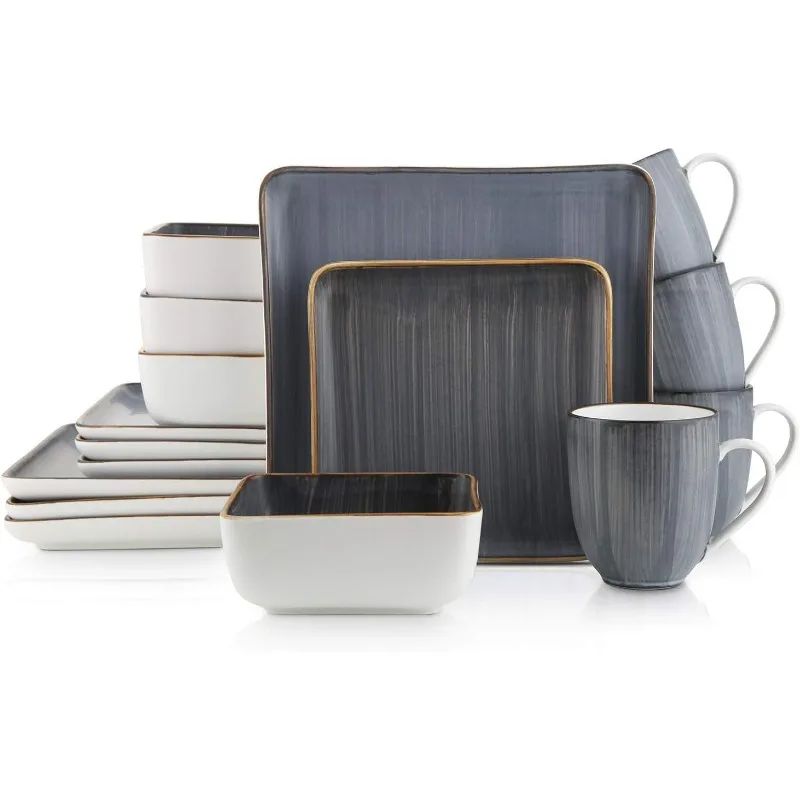 

Esmeralda Porcelain Dinnerware Set, Service for 4, 16 Pieces Square Grey Brushed Design