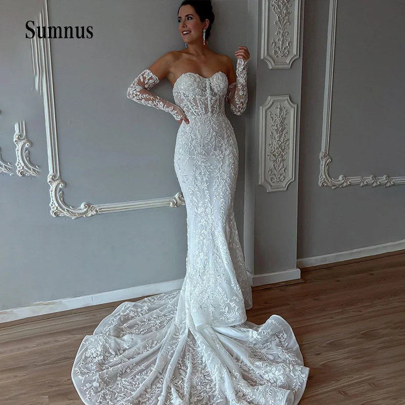 Luxury Mermaid Wedding Dresses Lace Appliques Corset Sweetheart Wedding Dress 3/4 Sleeve Backless Bridal Gowns Sweep Train