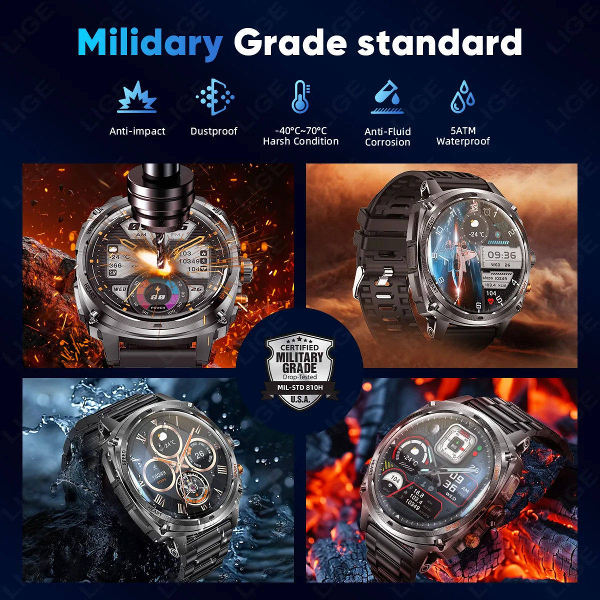 LIGE ساعة ذكية 1.75 بوصة HD عرض 800mAh بطارية كبيرة Smartwatch 100 + وضع رياضي IP68 إضاءة مقاومة للماء مصباح يدوي الساعات الذكية