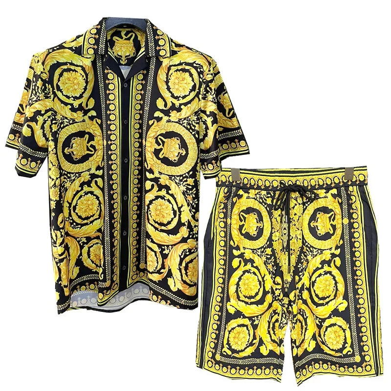 Chemise à imprimé baroque noir et or pour hommes, chemise Hip Hop, chemise de plage, short décontracté, manches courtes, ensemble boutonné, qualité supérieure, été