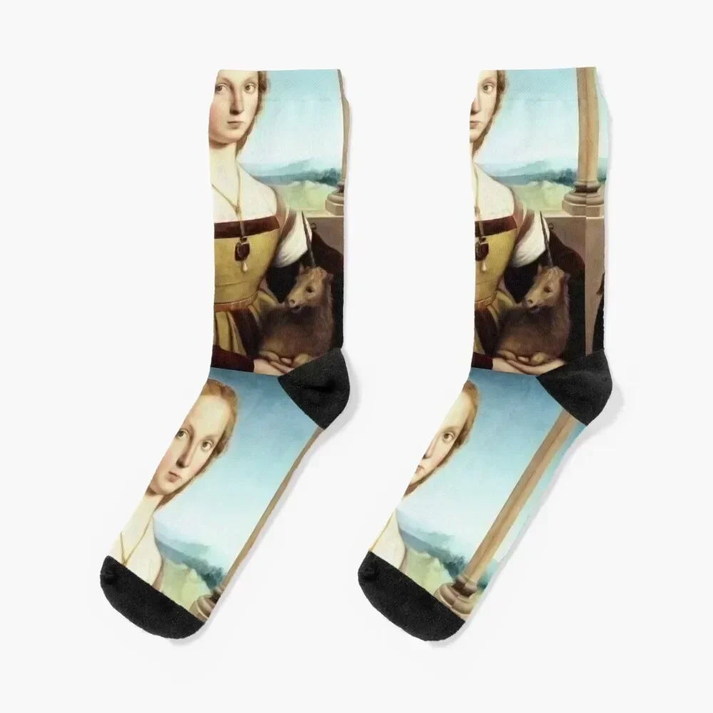

Young Woman with Unicorn Socks set hockey colored Men's Socks Women's