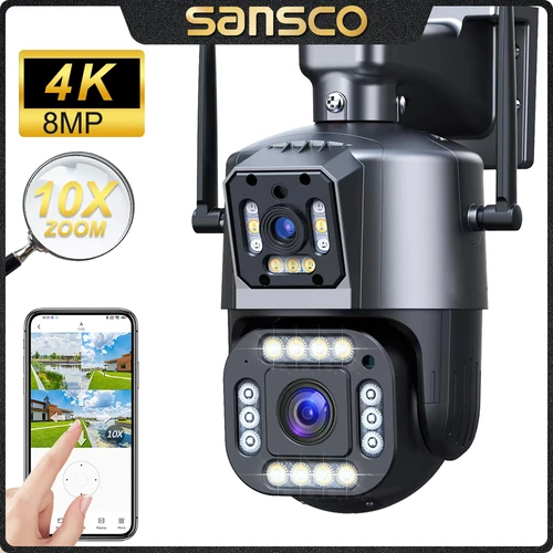 SANSCO 4K 8MP lente Dual PTZ WIFI cámara de doble pantalla 4MP HD cámara IP inalámbrica para exteriores AI seguimiento humano vigilancia IPC360 hogar