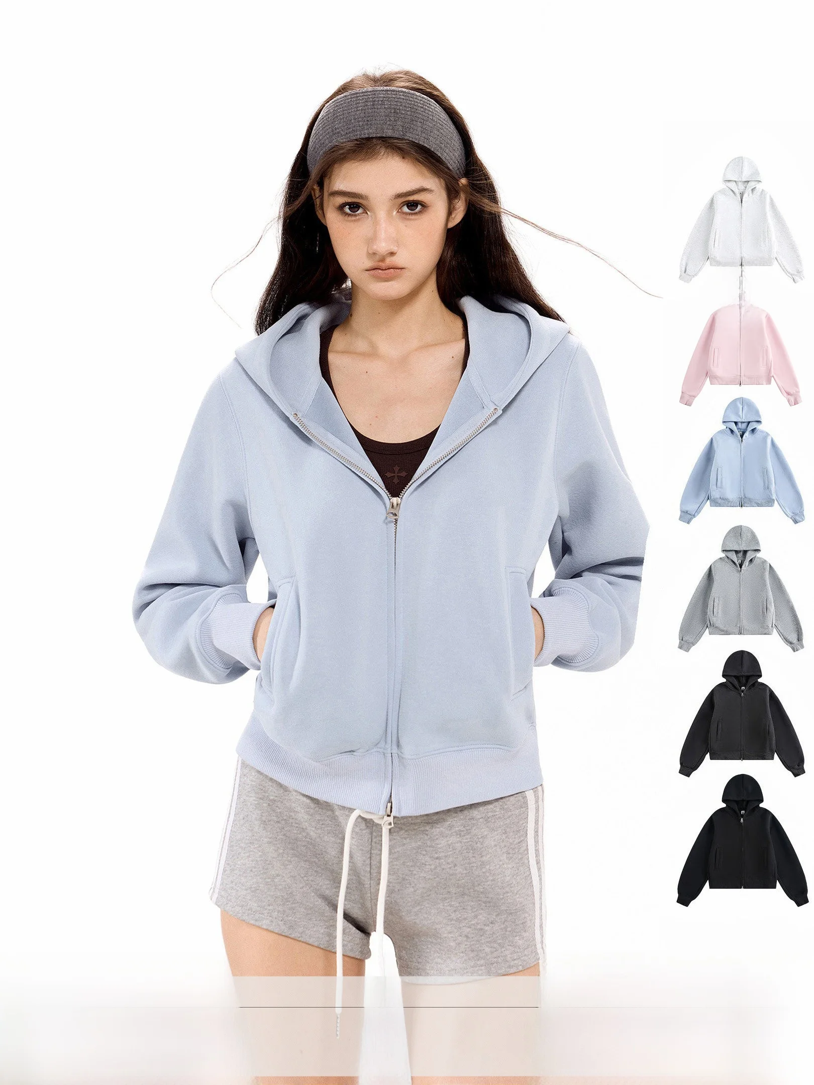 

ICH MODE American Style Blue Hooded Short Jacket Women's Spring 2026 New Sport Sweatshirt Top Open Cardigan Cotton Polyester