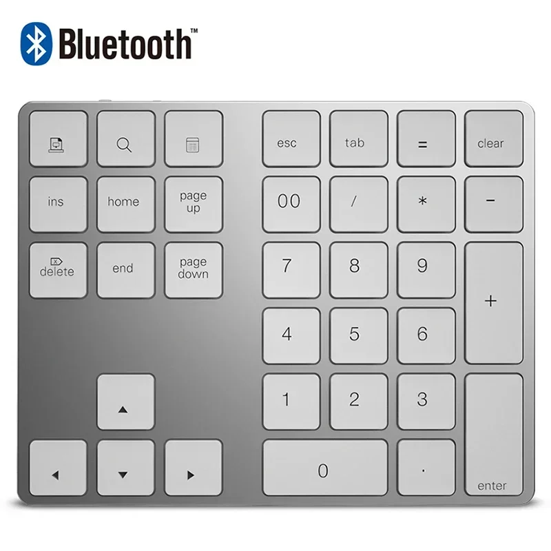 Almofada Numérica compatível com Bluetooth, Teclado Numérico Sem Fio Recarregável USB de Alumínio Numpad para iOS Android PC Tablet Laptop