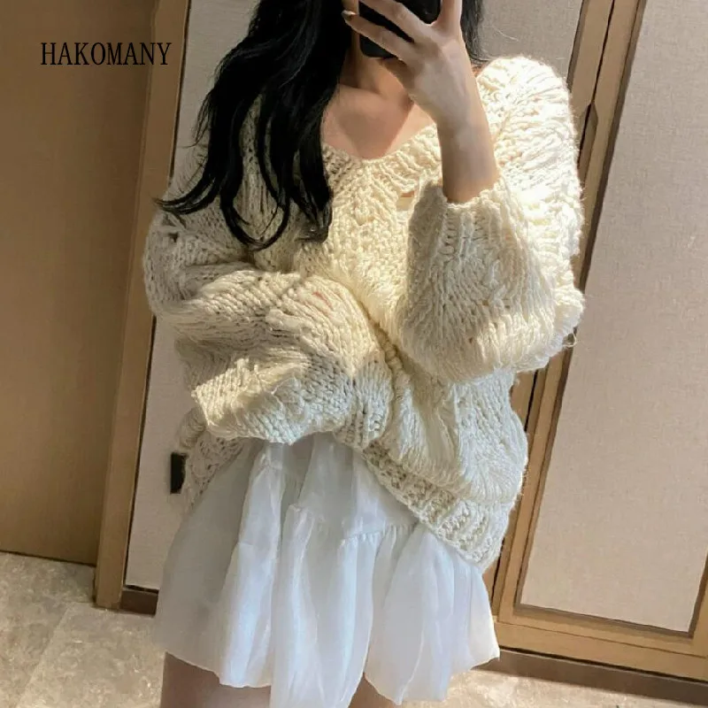 

Woman Long sleeve Sweater Knitwear Loose Jumper Autumn Ivory Purple 2 colors Hand Crochet Pullovers CHIC