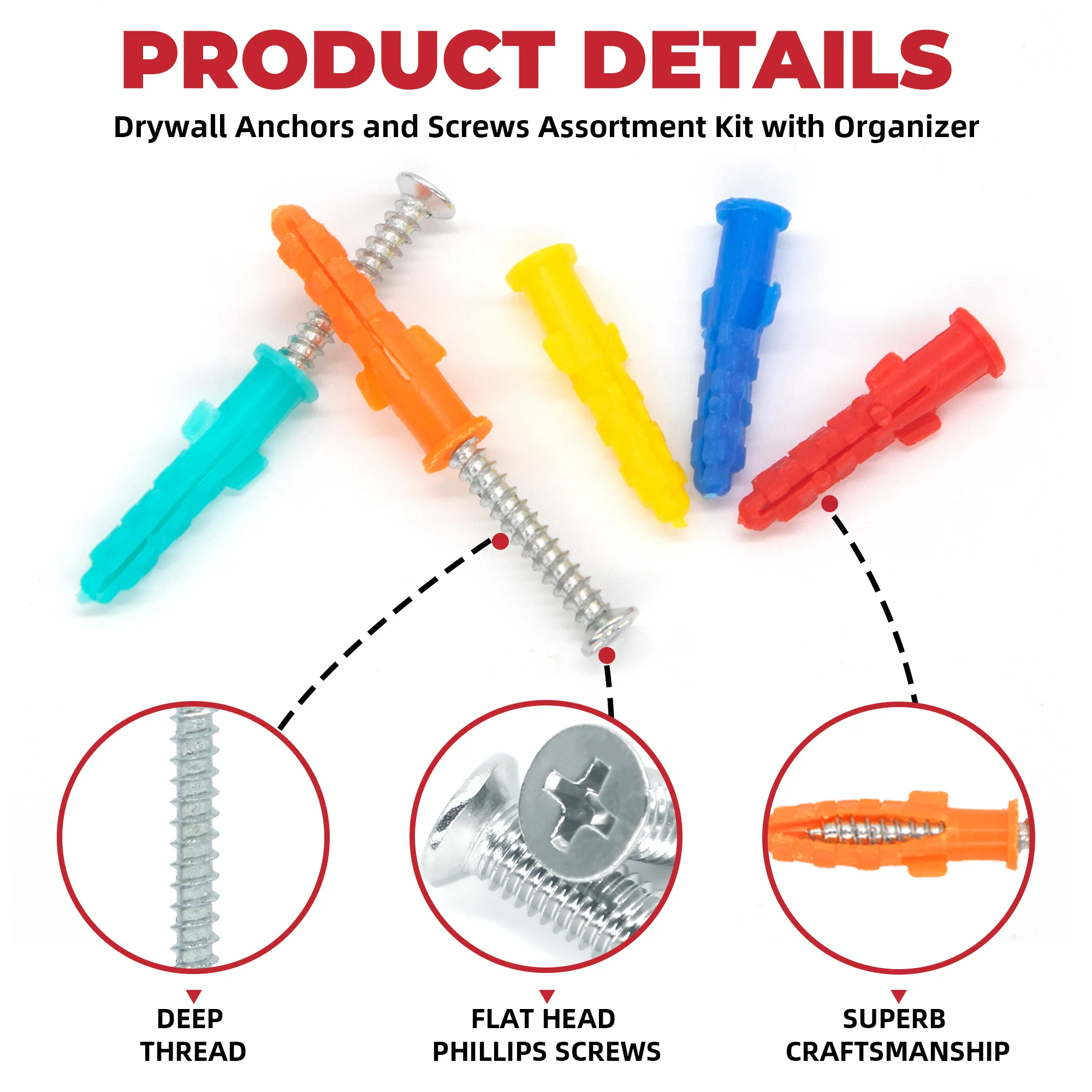 100-Piece Drywall Anchors & Screws Kit – M6/M8/M10 Sizes, PP Plastic & Iron, Self-Drilling, Expansion Design For Hanging Shelves, Frames, TV Brackets