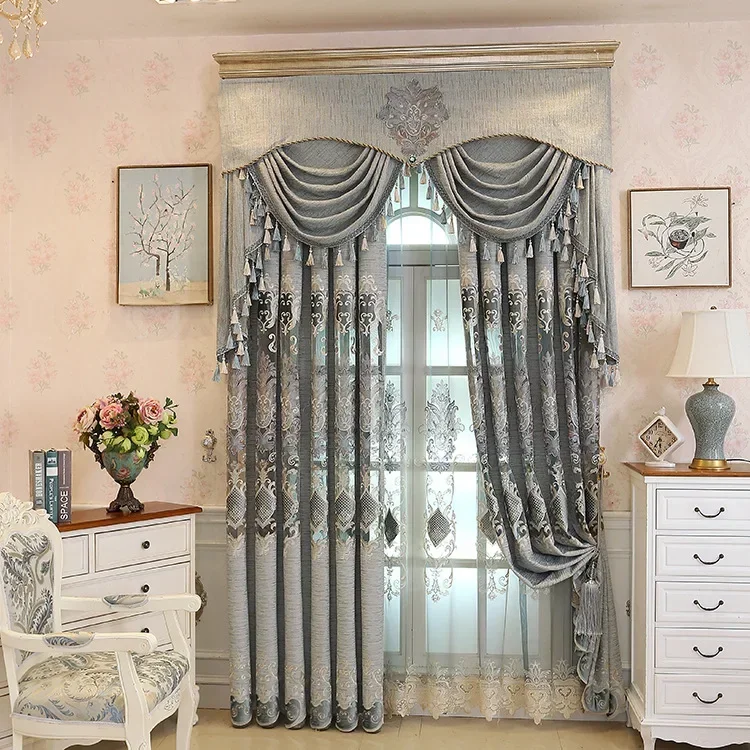 Luxury Custom European Finished Curtains for Living Dining Room Bedroom Gold Luxury Villa Water-soluble Embroidery Curtain