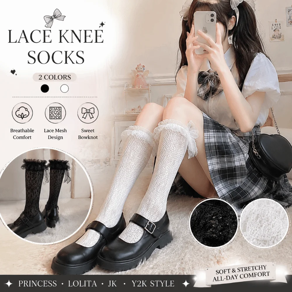 Cute Lace Trim Knee High Socks Bowknot Mesh Princess Lolita Stockings Thin Ruffle JK Fishnet Stockings School Uniform