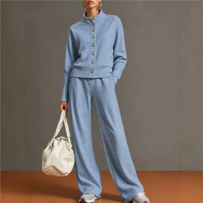 Spring Cardigan Sportswear Two-piece Set Women's Fashion Solid Stand Up Collar Jacket With Pants Suit Lady Autumn Office Outfit