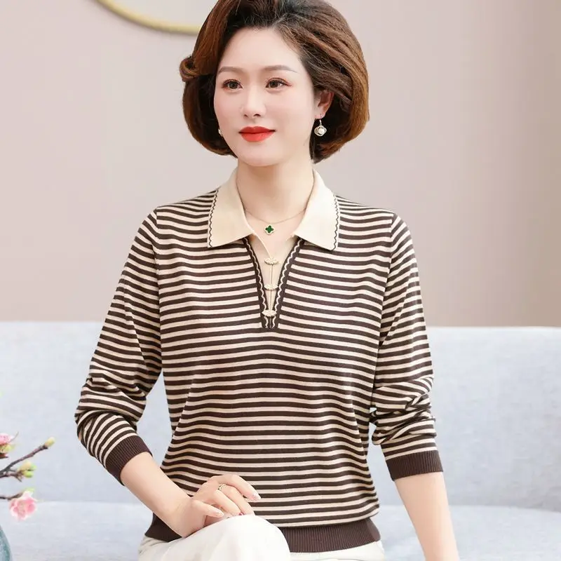 Womens Mother Lapel Striped Long Sleeve T Shirt Autumn Middle Aged Elderly Ladies Knit Base Top