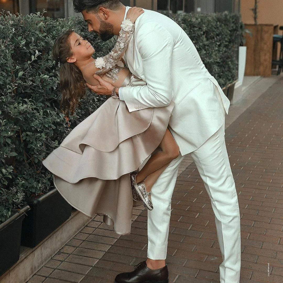 Vestidos de flores para niña, apliques de encaje blanco, manga larga para boda, fiesta de cumpleaños, banquete, primera comunión