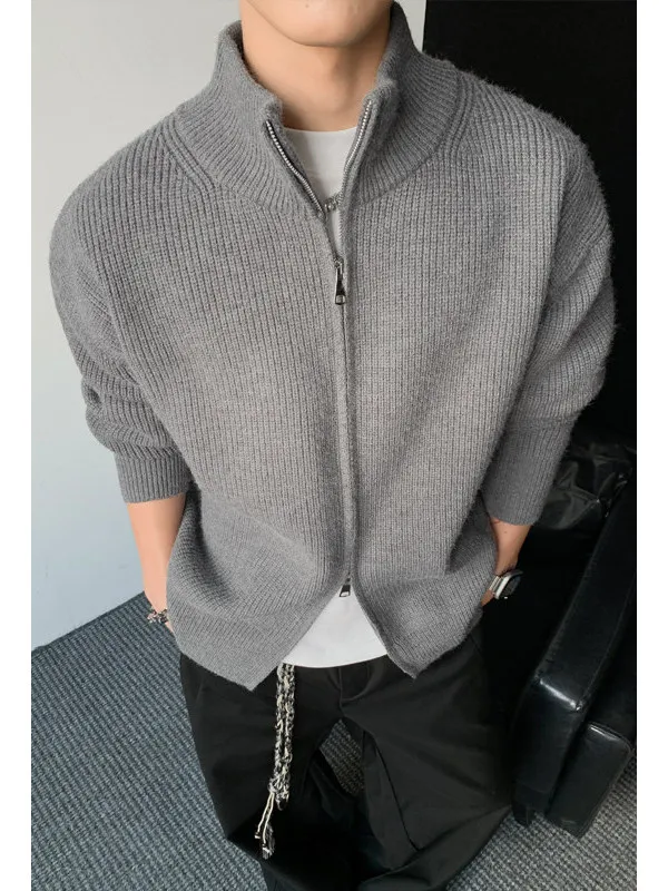 

Мужской свитер-кардиган на молнии с воротником-стойкой, однотонный, вязаный, повседневный, свободного кроя, в стиле Lazy Style, осенне-зимняя новинка