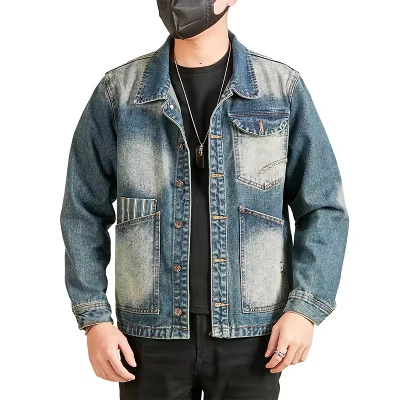

Spring Autumn Retro Splice Denim Jacket Men Streetwear Fashion Loose Casual Plus Size Denim Cargo Coat Cowboy Motorcycle Jacket