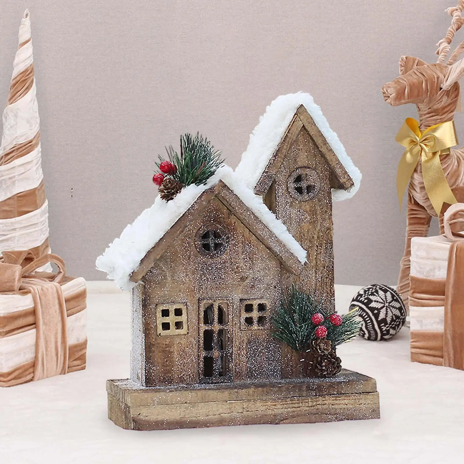 Christmas Snow Houses Light up Miniature Snow Village Wooden Light up Christmas for Farmhouse Shops Cafe Cabinets Gifts