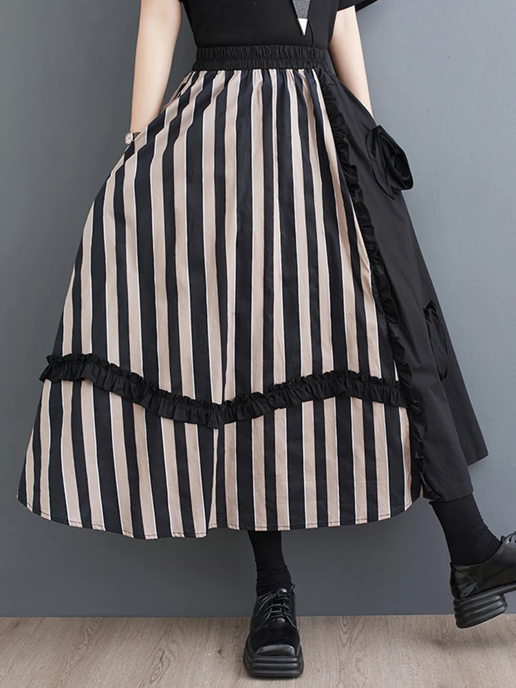 Striped Patchwork Floral Skirt Women Black Vintage High Waist Korean Fashion Loose Casual Long Skirts Clothes New Summer 2024