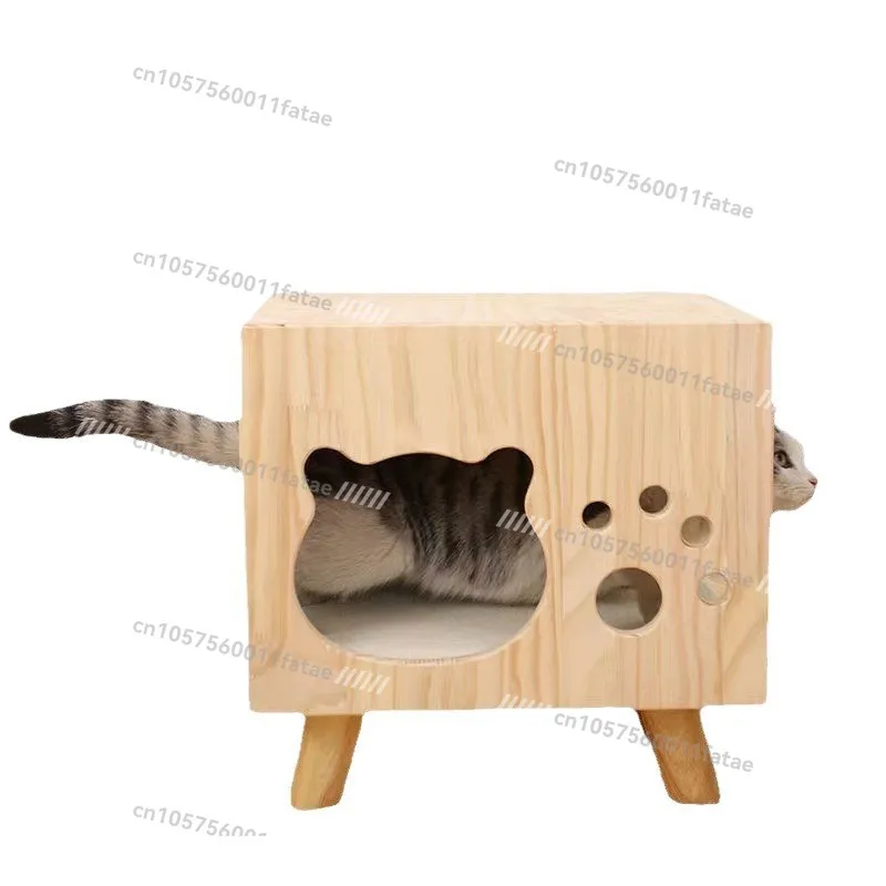 

Wooden Cat Nest Cat Play Square Stool Creative Bedside Table Integrated Semi-closed Toy Solid Wood Cat House