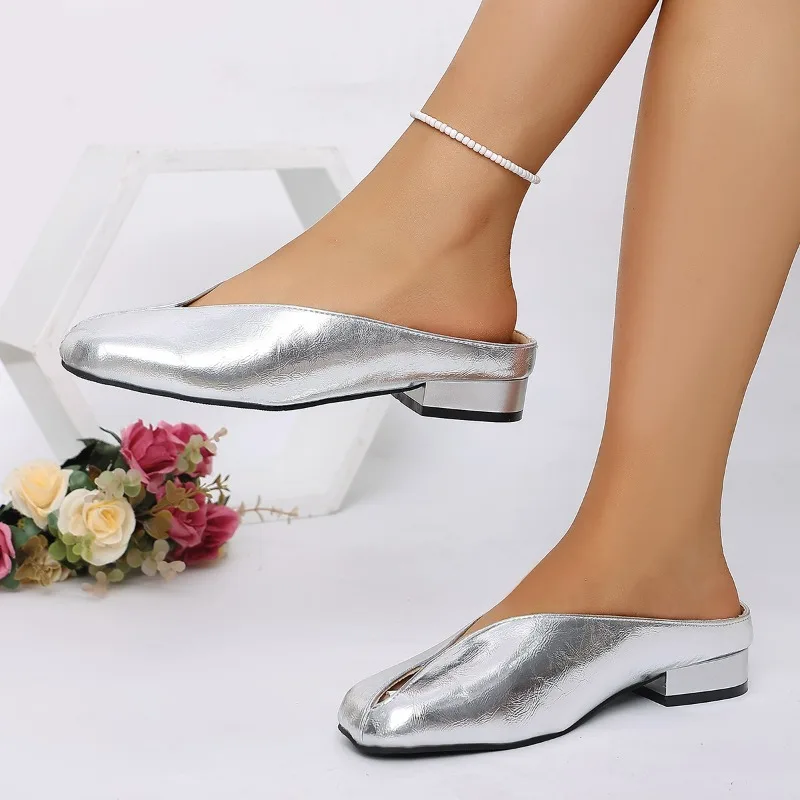 Shiny Metallic Gold V Notch Point Mule Slides Closed Square Toe Tiny Block Heel Lightweight Casual Street Footwear