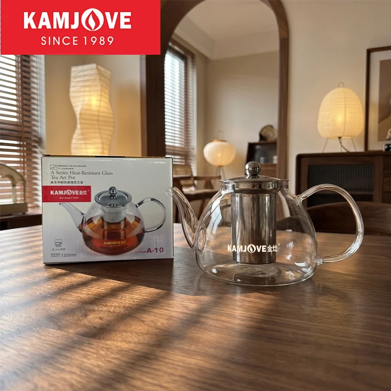 KAMJOVE 1.2L Large-capacity Glass Tea Pot with 304 Stainless Steel Infuser Basket,New High Borosilicate Glass Tea Brewer Kettle