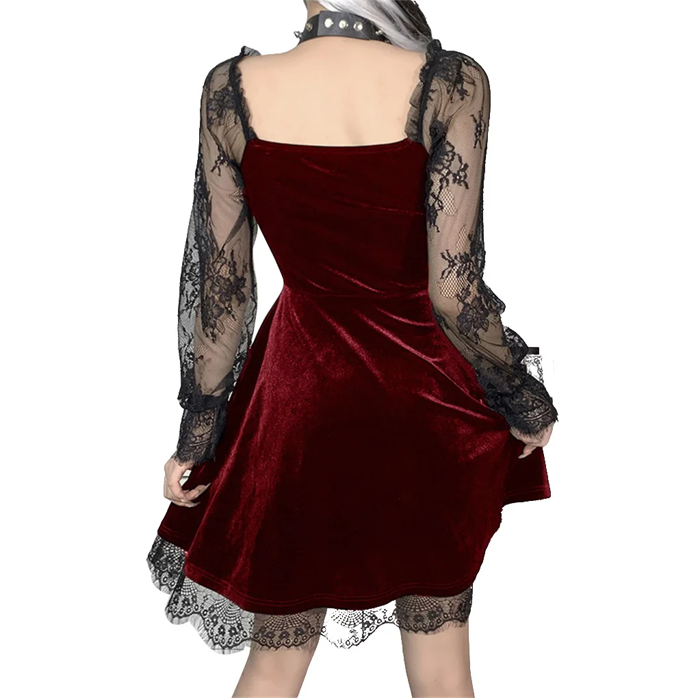 Women Retro Gothic Style Summer Knee Length Dress Banquet Sexy Dresses Polyester Ladies Clothes Holiday Present