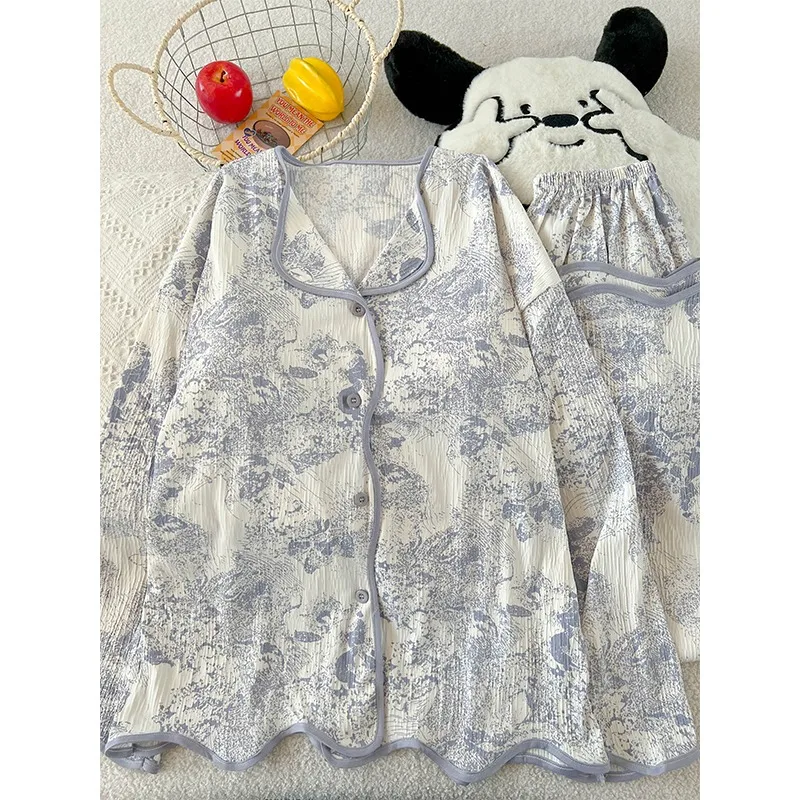 

Женский элегантный модный пижамный комплект с принтом в стиле туши, весна-осень, милый кардиган Y2K с V-образным вырезом, комплект из двух предметов, мягкая комфортная домашняя одежда