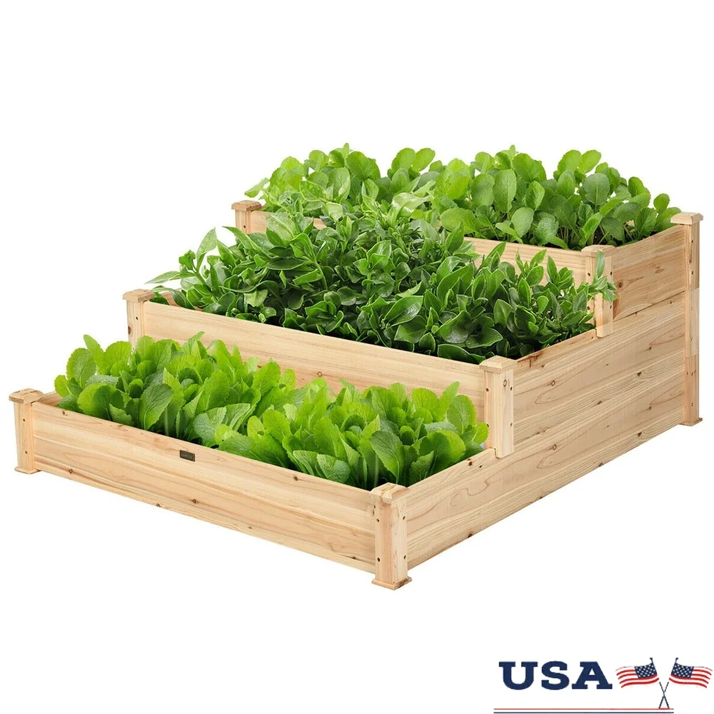 

3 Tier Wooden Elevated Vegetable Garden Bed Planter Kit Outdoor Herb Flower Growing Box Easy Assembly