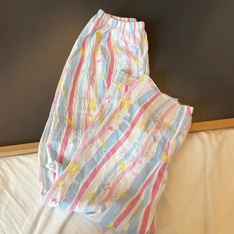 Pajama Pants Women Summer White Cartoon Kitten Trousers Thin Student Home Pants Rainbow Stripes High Waist Straight Leg Loose 2