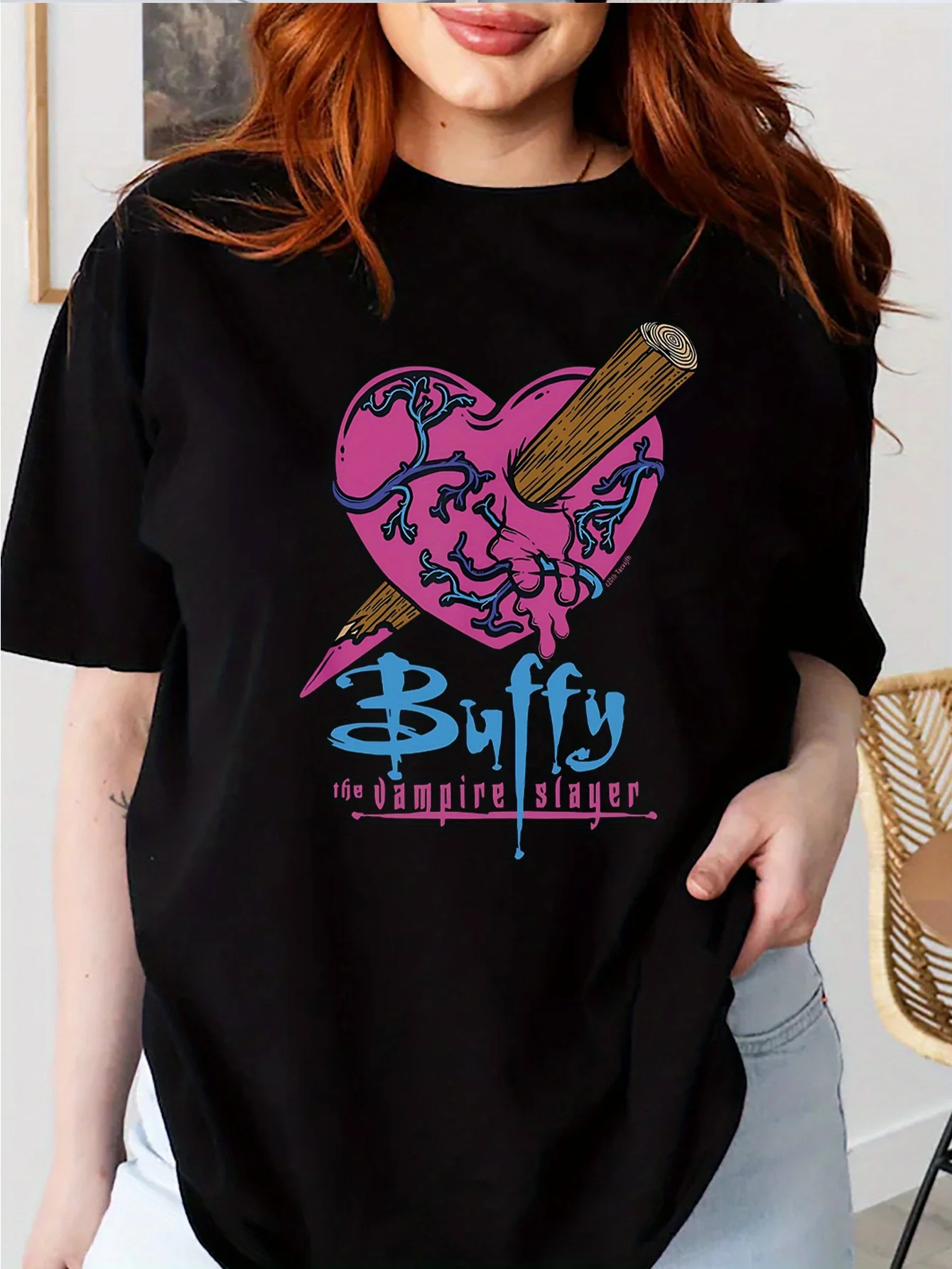 

Leisure Fashion Short Sleeve T-shirt Summer Brand Streetwear Women's Buffy The Vampire Slayer Heart Pencil T-Shirt Aesthetic