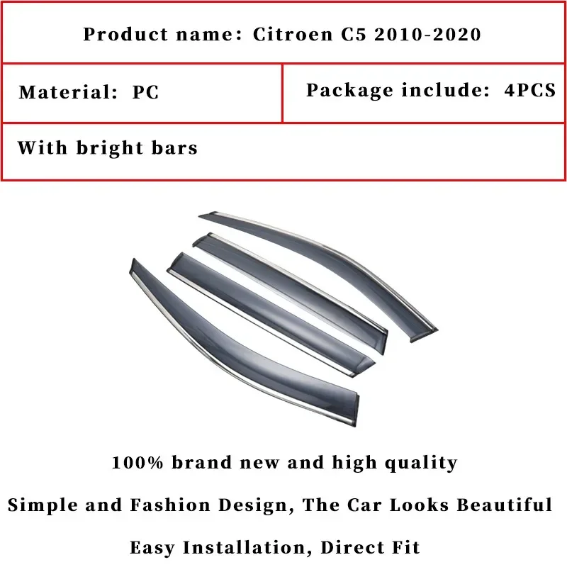 For Citroen C5 2010-2020 Window Visor Car Rain Shield Awning Trim Cover Side Window Deflector Door Rain Sun Shield Accessories