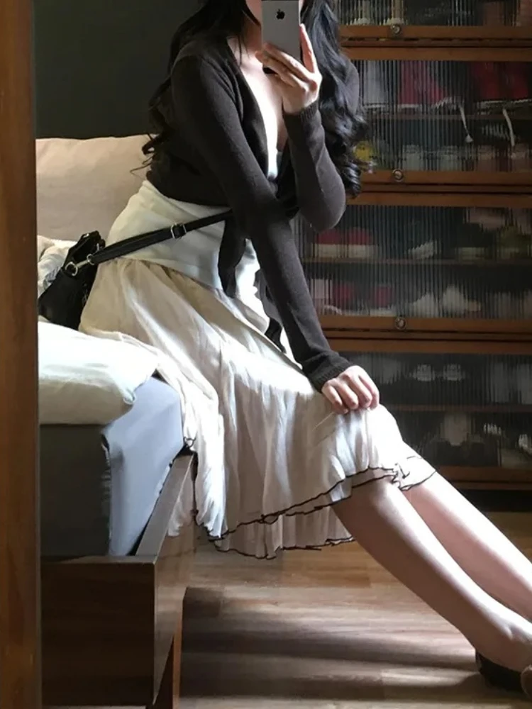 Japanese Y2K Sweet Retro Lady Midi Skirt Women Khaki Loose Pleated Tiered A-Line Skirt Harajuku Casual Chic Coquette Outfits