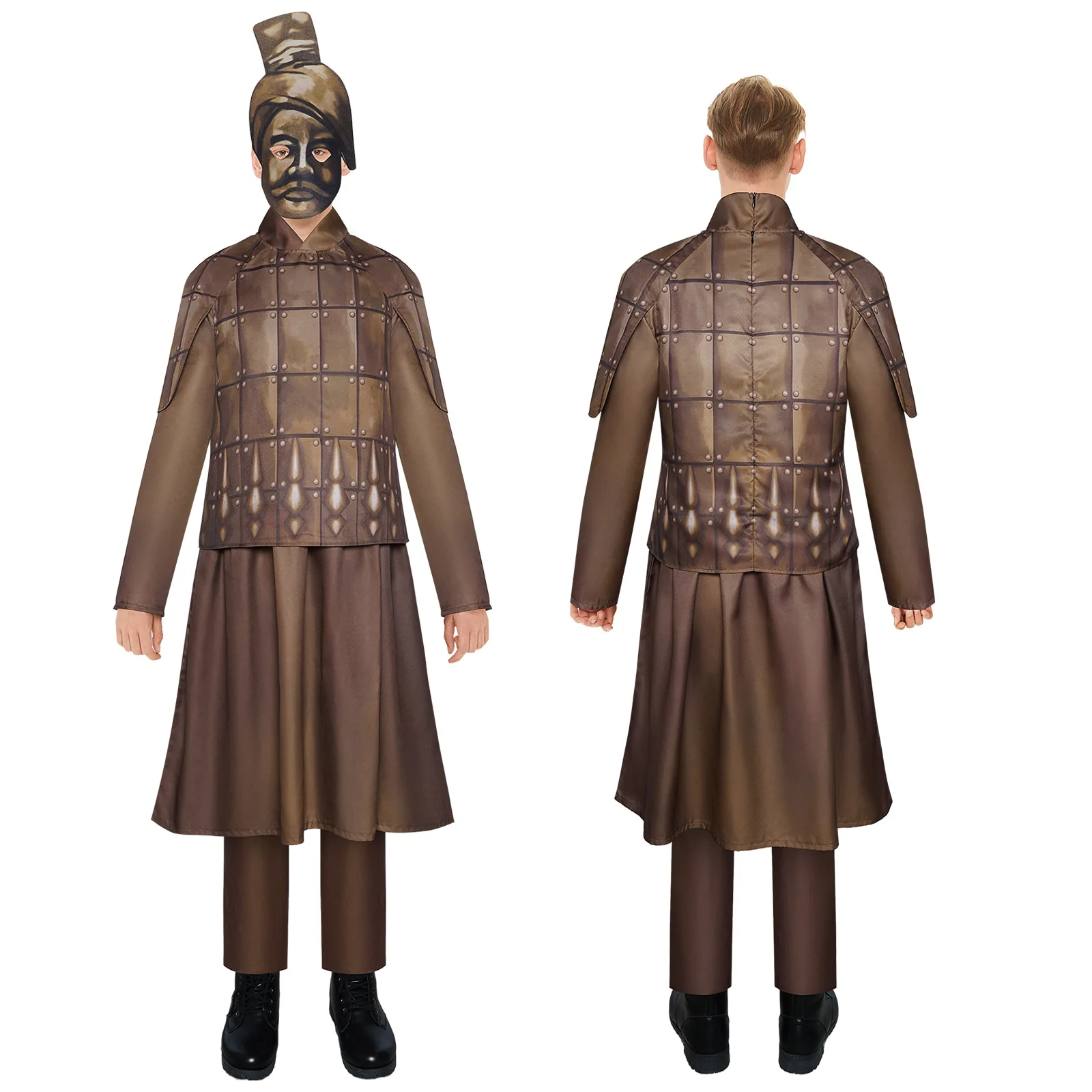 Chocolate Terra Cotta Warriors Cosplay Costume Headgear Halloween for Adult Kids Long Coat Pants Stage Performance Outfits