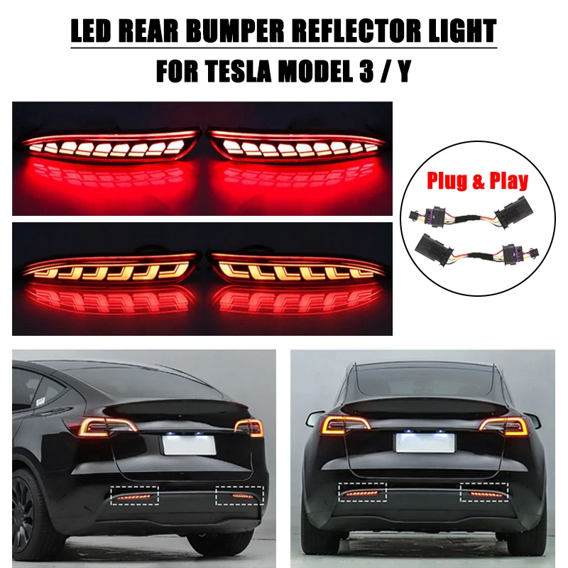 

For Tesla Model 3 Model Y Tail Light Rear Bumper Reflector for Cars LED Brake Light Dynamic Turn Signal Reflector Driving Lights