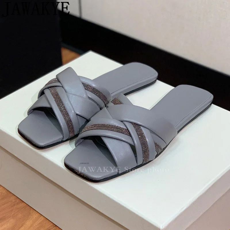 2024 New Square Open toe Flats Slippers Women Casual Beach Mules Slippers Summer Simple Comfortable Real Leather Slippers Woman