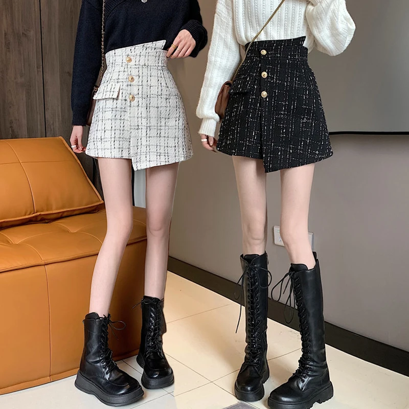 

Autumn Winter2023Classic Woolen Style Plaid A- Line Sexy Mini Shorts Women 2XL Elegant Irregular High Waist Shorts Skirt Women