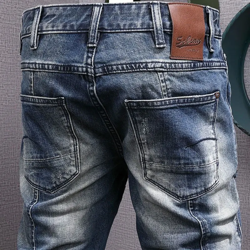 Streetwear Fashion Men Jeans Retro Washed Blue Stretch Slim Fit Spliced Designer Biker Jeans Homme Hip Hop Denim Pants Men