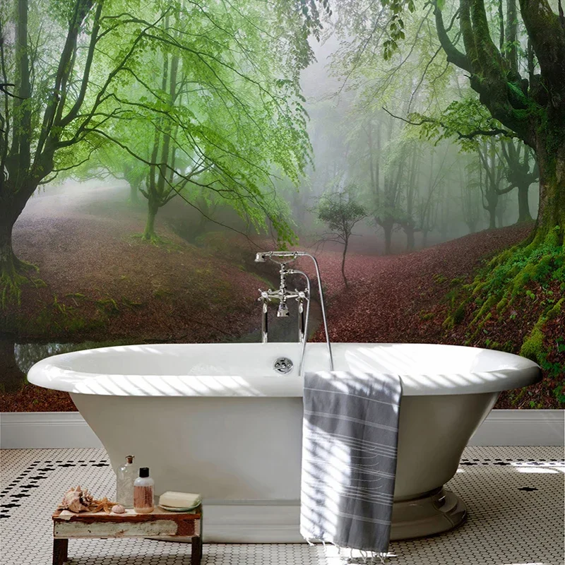 Custom Self-adhesive Bathroom Mural Wallpaper 3D Forest Landscape Nature Wall Painting PVC Waterproof Papel De Parede 3D