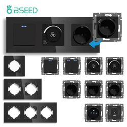 BSEED EU Standard Button Light Switch 1/2Gang 1/2Way Wall Socket USB Type-C DIY Function Parts Glass Panel Free Combination