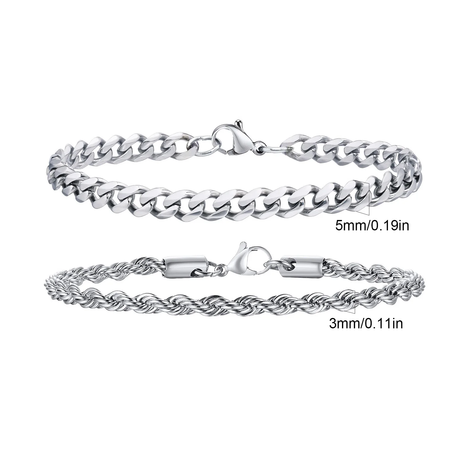 2 Stück Herren-Kettenarmbänder, Edelstahl, Silber, Gold, Schwarz, Twist-Seil-Kettenarmband, trendige kubanische Gliederketten, Geschenk
