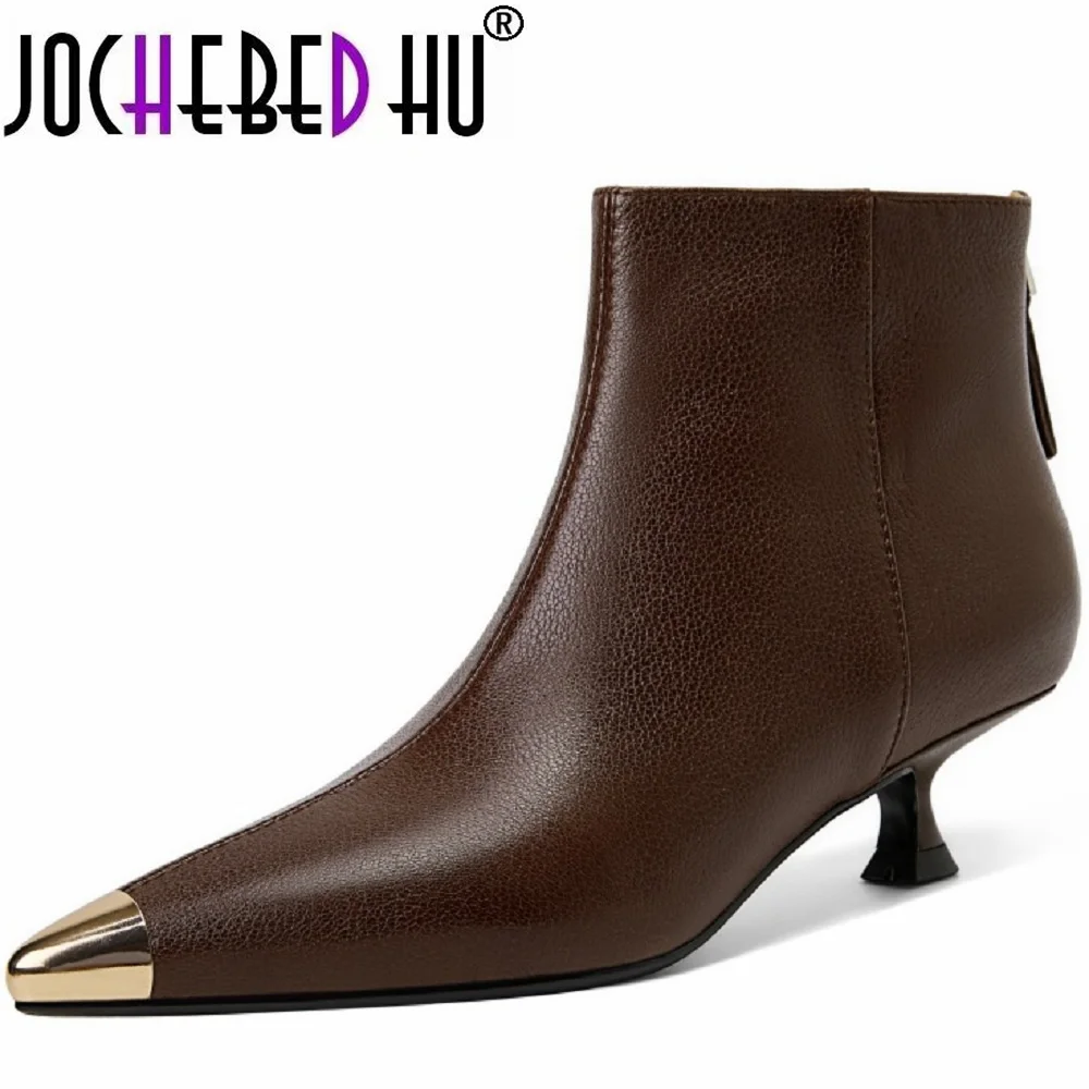 

【JOCHEBED HU】Women Handmade Brand Genuine Leather Ankle Boots Pointed Toe Thin Heels Full Classics Shoes Office 34-40