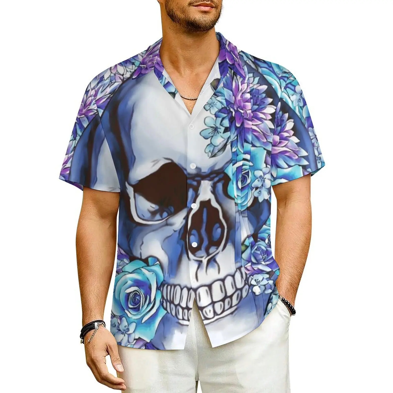 Skeleton Print Casual Shirt Sugar Skull Blue Floral Elegant Hawaii Shirts Men Short Sleeve Beach Street Style Plus Size Blouses