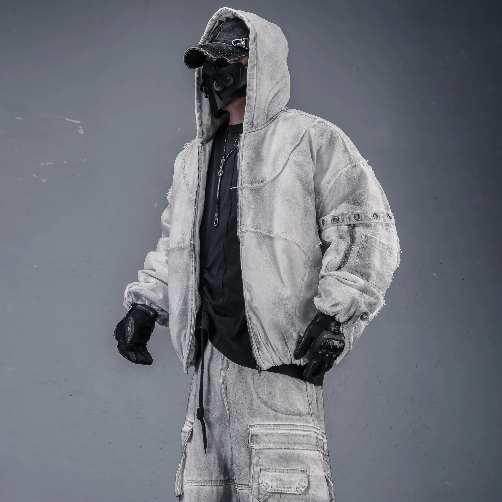 LZ Wasteland Style Techwear Dirty Wash Distressed Embroidery Stitching Frayed Hooded Cotton-Padded Coat Men's Winter  Street