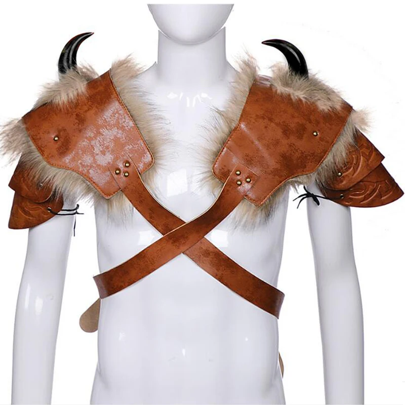 Guerreiro armadura traje cosplay adulto couro do plutônio pele marrom viking ombro armadura com chifre halloween carnaval festa traje prop