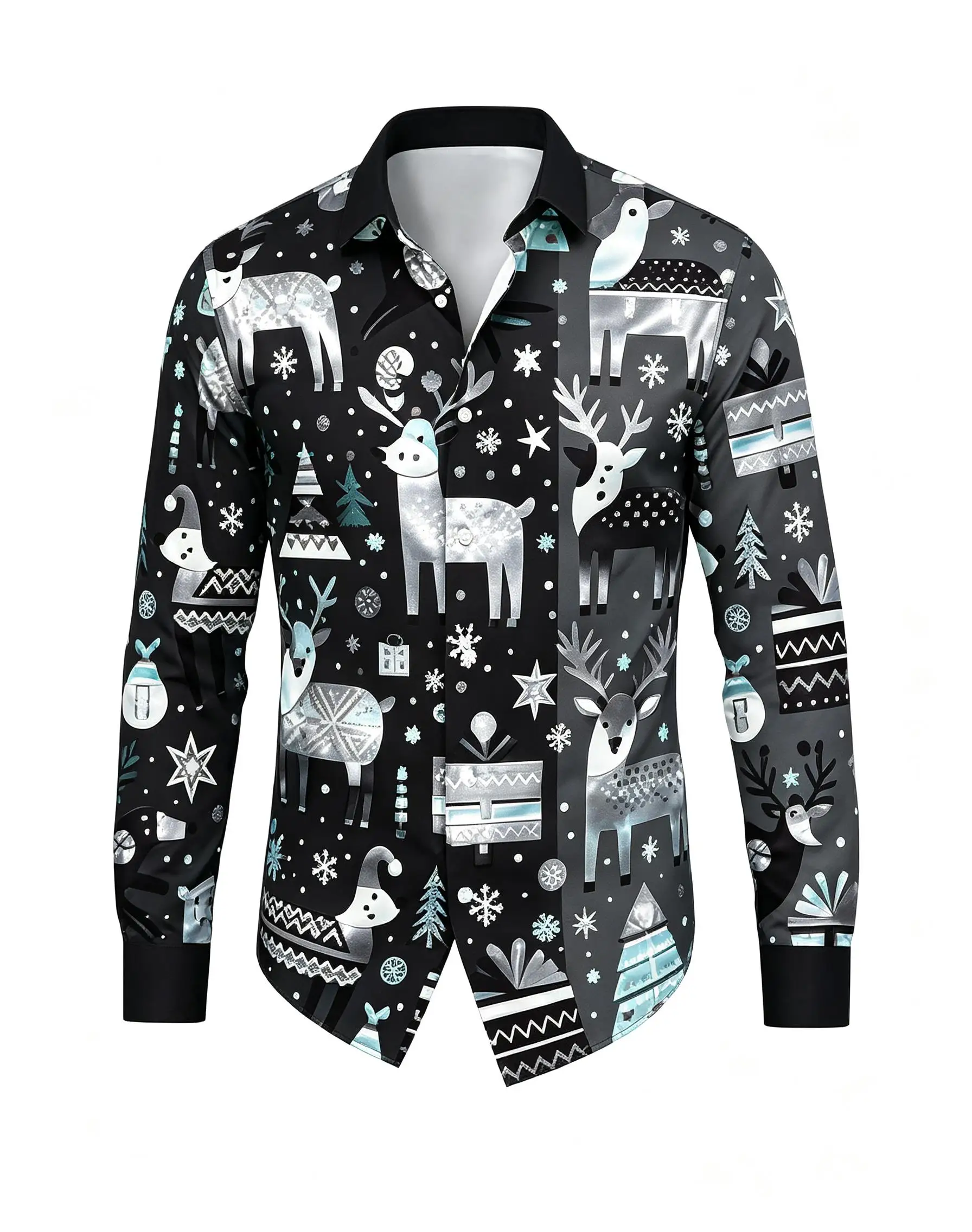 Mens Festive Xmas Shirt, Turquoise Base Multi Color Deer Present Snow Full Print Long Sleeve Party Outfit