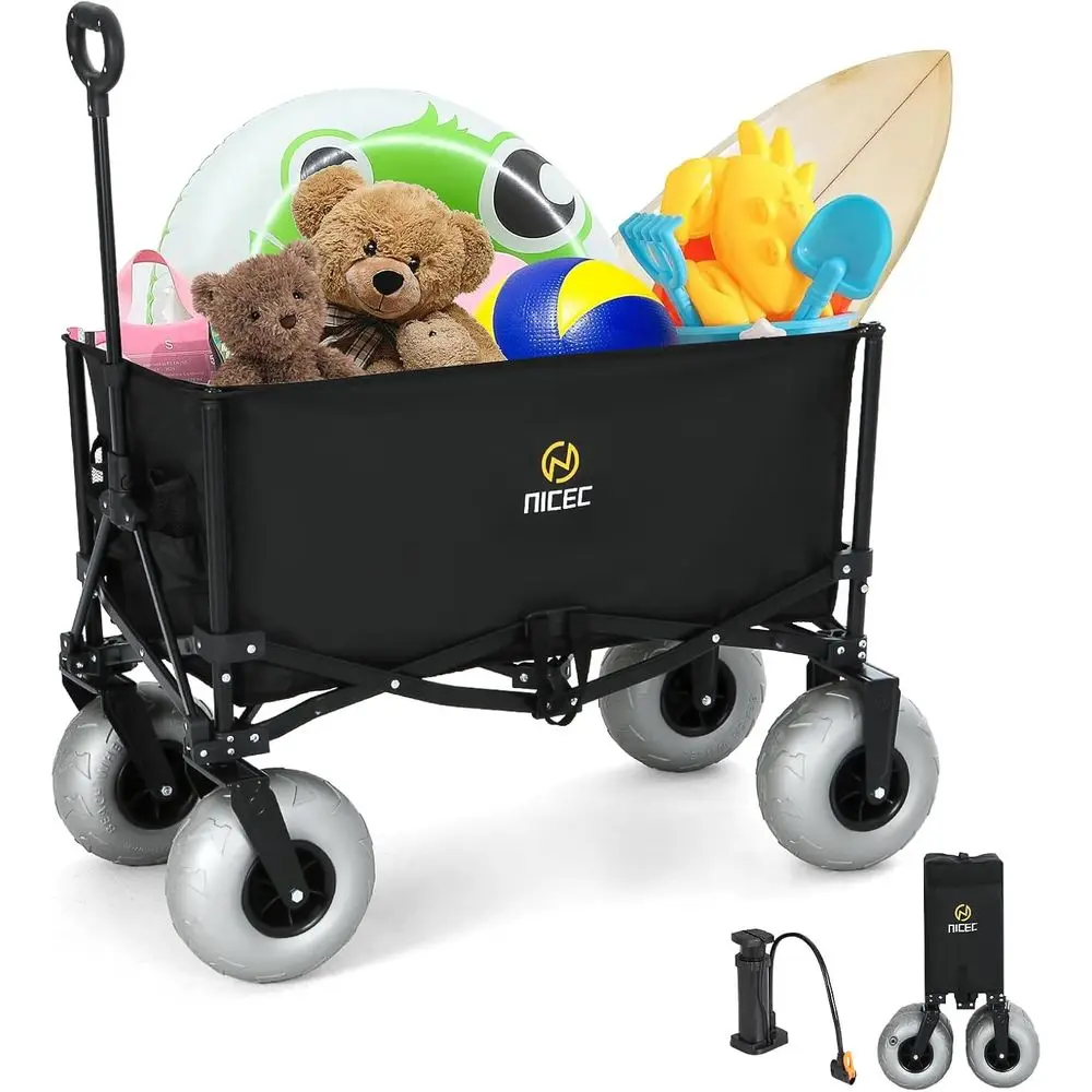 

Heavy-Duty Collapsible Utility Cart with 9 Balloon Wheels, 220 lbs Capacity, Adjustable Handle for Beach, Camping, and Outdoor A